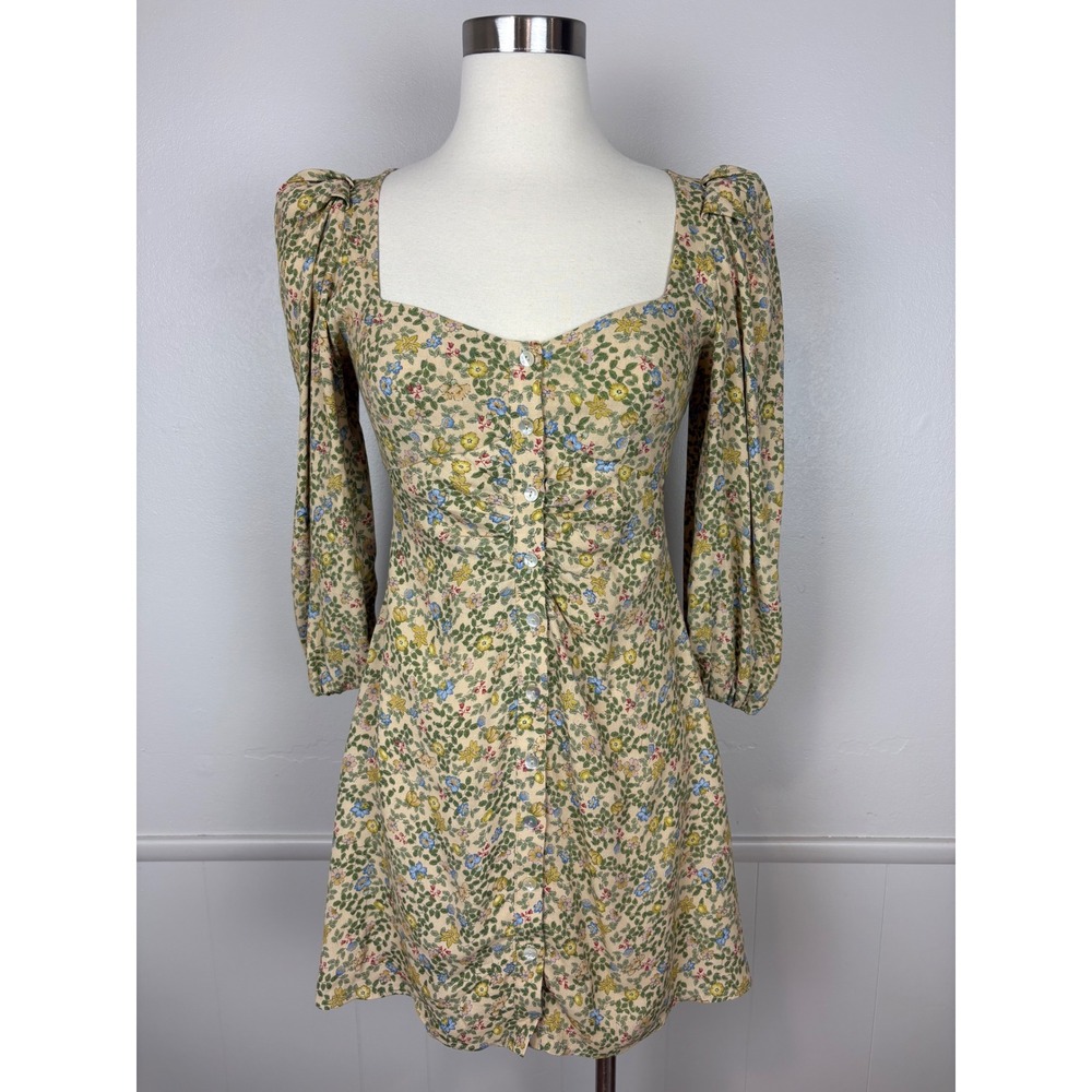 Zara NWT Button Front Dress Size S Micro Floral Puff Sleeve Ruched Peasant Fairy